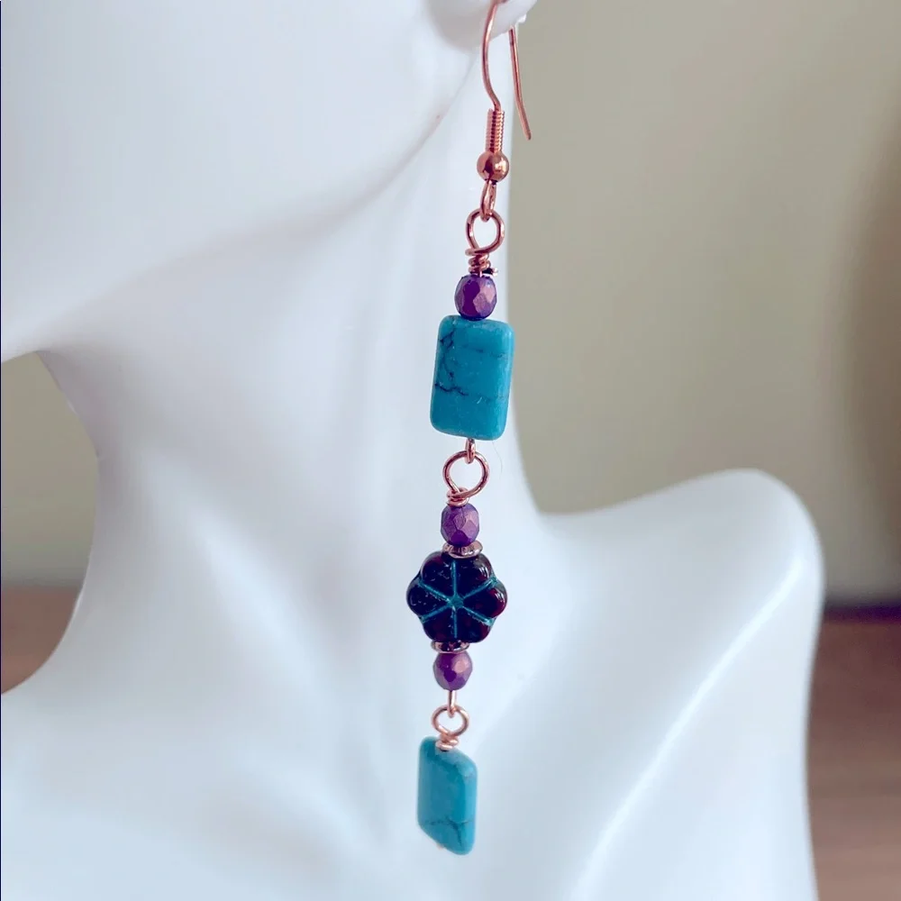 HAND CRAFTED TURQUOISE AND CZECH GLASS EARRINGS Copper Turquoise Purple Dangles